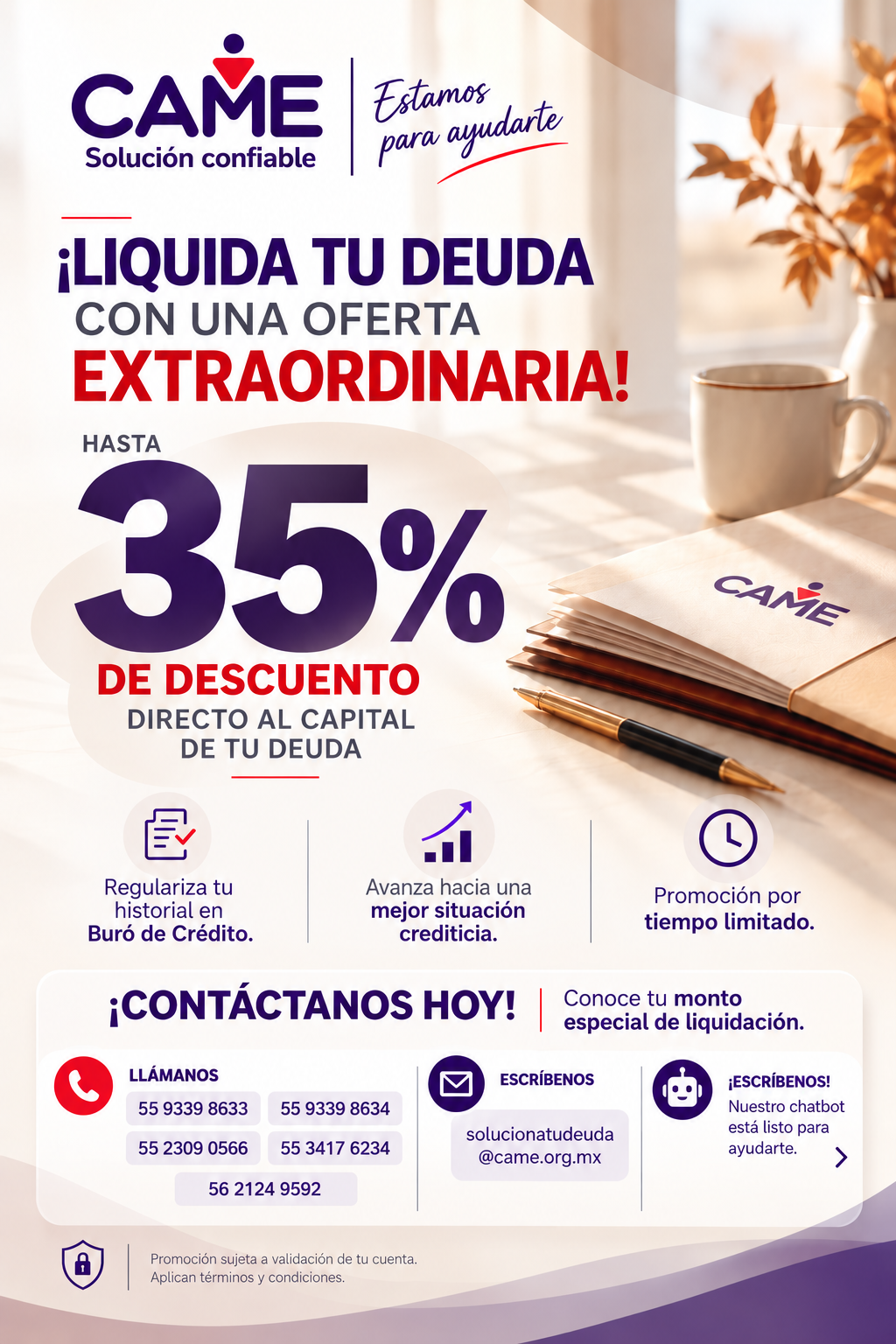 Promoción de regularización CAME: hasta 35% de descuento directo al capital, sujeta a validación de tu cuenta